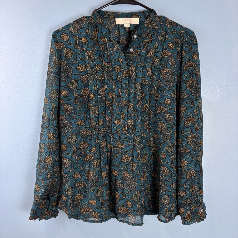 Ann Taylor Loft Women’s Pleated Teal Sheer Blouse Size Small Petite